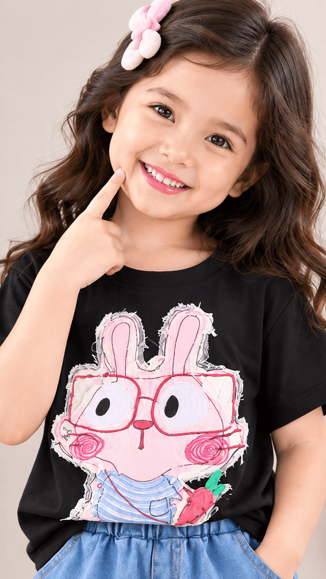 Girls Black Graphic T-Shirt with Blue Denim Shorts Set (SKU P2-PB-5055-BLACK)