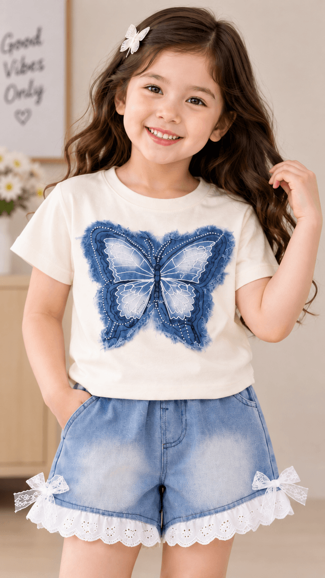 Girls Cream Butterfly T-Shirt with Denim Lace Shorts Set (SKU P4-PB-4525-CREAM)