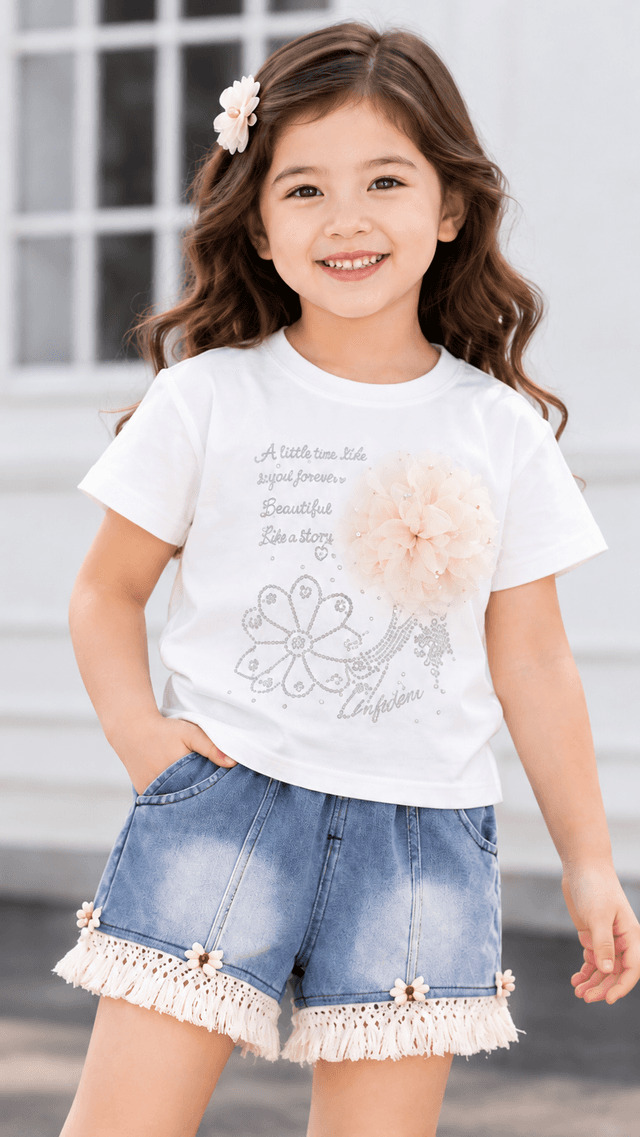 Girls Sky Blue Floral T-Shirt with Denim Shorts Set (SKU P5-PB-4524-SKY)