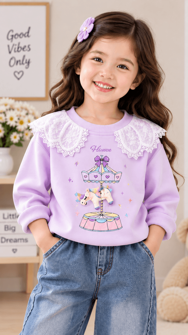 Girls Purple Unicorn Sweatshirt with Denim Jeans Set (SKU P8-PB-5692-PURPLE)